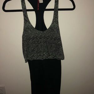 Grey flowy top black dress